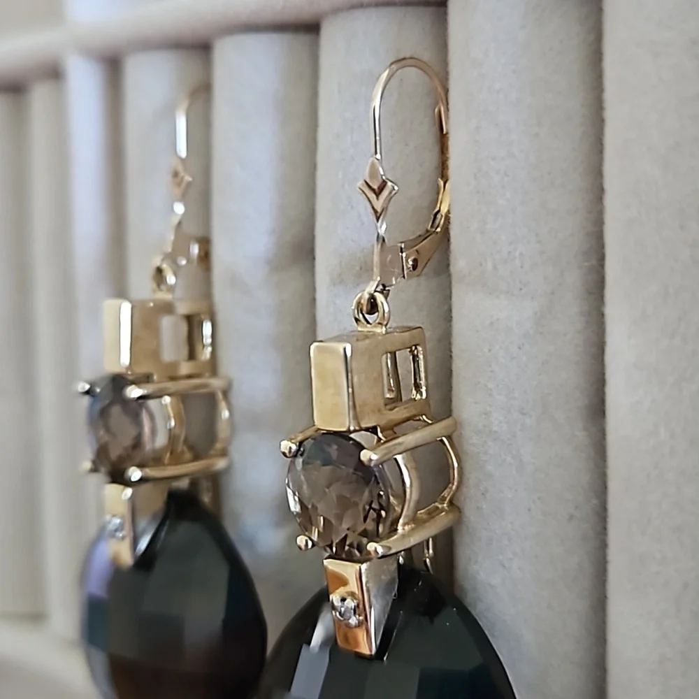 Vintage Smokey Topaz Diamond Accent Gold Drop Earrings - Picture 4 of 8